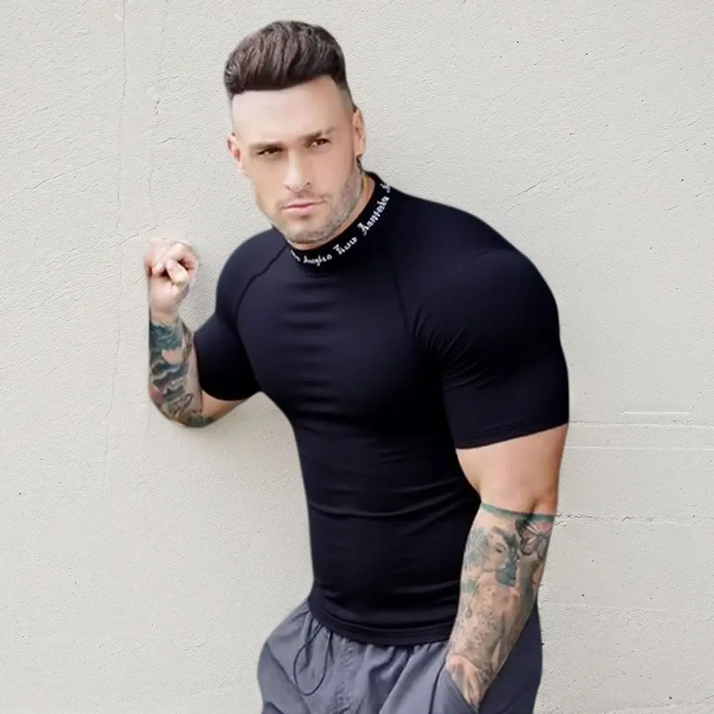 Men Bodybuilding Quick Dry Casual Compression Short Sleeve T-Shirt Man Gym Fitness Clothing Sport Running Workout Tee Sweatshirt
