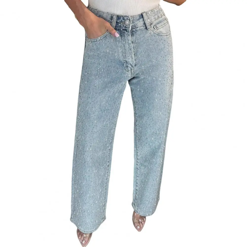 Rhinestone Wide Leg Lady Jeans Diamonds Denim Straigt High Waist Zipper Female Pants 2025 Fashion Pockets Street Lady Trouser