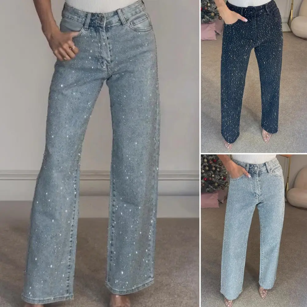 Rhinestone Wide Leg Lady Jeans Diamonds Denim Straigt High Waist Zipper Female Pants 2025 Fashion Pockets Street Lady Trouser