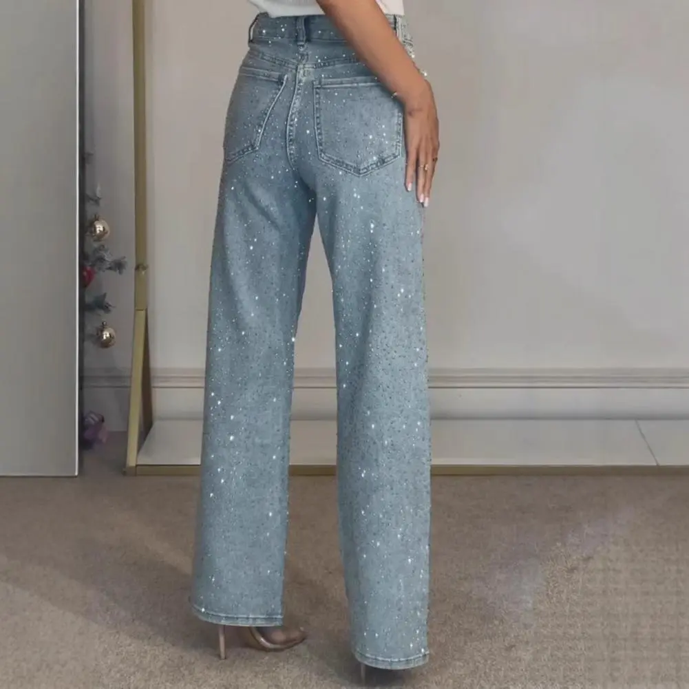 Rhinestone Wide Leg Lady Jeans Diamonds Denim Straigt High Waist Zipper Female Pants 2025 Fashion Pockets Street Lady Trouser