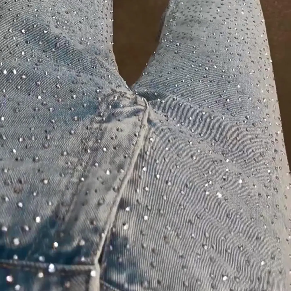 Rhinestone Wide Leg Lady Jeans Diamonds Denim Straigt High Waist Zipper Female Pants 2025 Fashion Pockets Street Lady Trouser