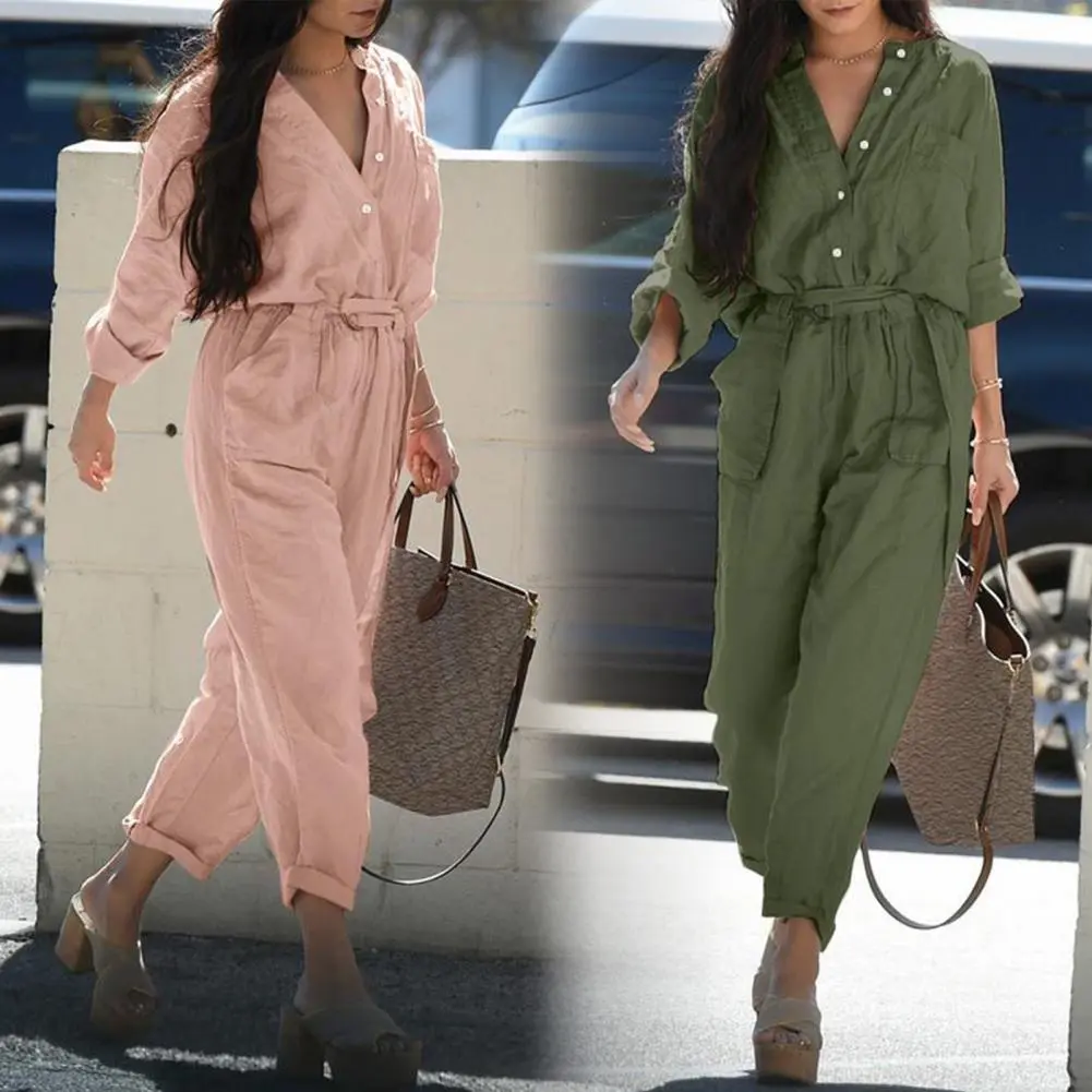 Popular  Cargo Jumpsuit Comfortable Female 3/4 Sleeve Work Overalls Multi Pockets Belt Summer Playsuit Ladies Outfit