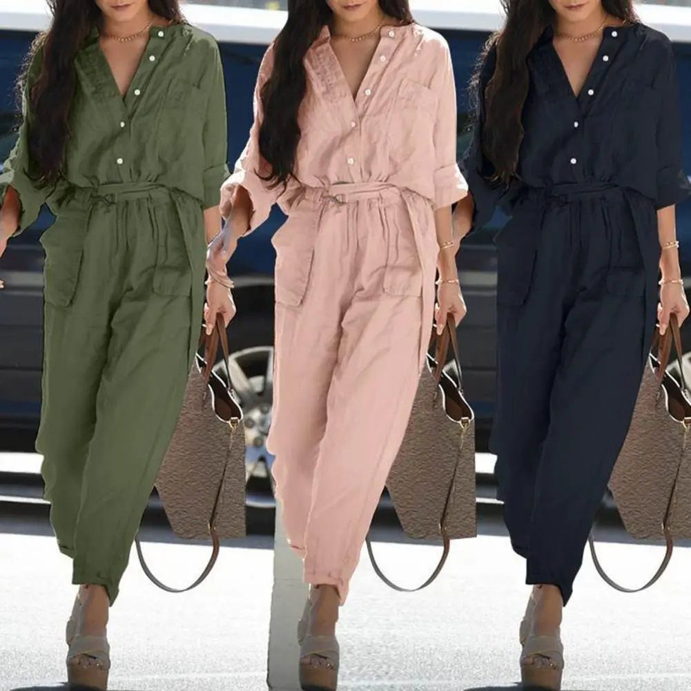 Popular  Cargo Jumpsuit Comfortable Female 3/4 Sleeve Work Overalls Multi Pockets Belt Summer Playsuit Ladies Outfit