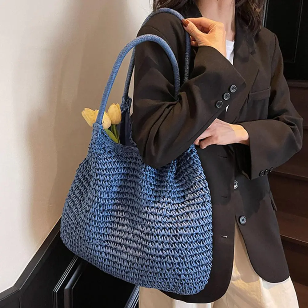 Women Straw Crochet Bag with Colored Beads Aesthetic Straw Bag Large Capacity Knitted Tote Handbag Ladies Daily Handbag