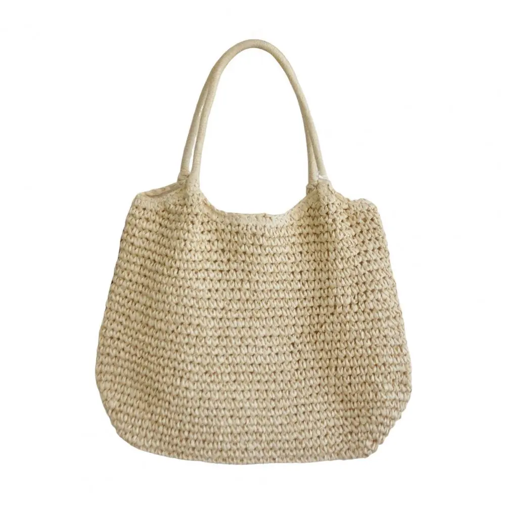 Women Straw Crochet Bag with Colored Beads Aesthetic Straw Bag Large Capacity Knitted Tote Handbag Ladies Daily Handbag