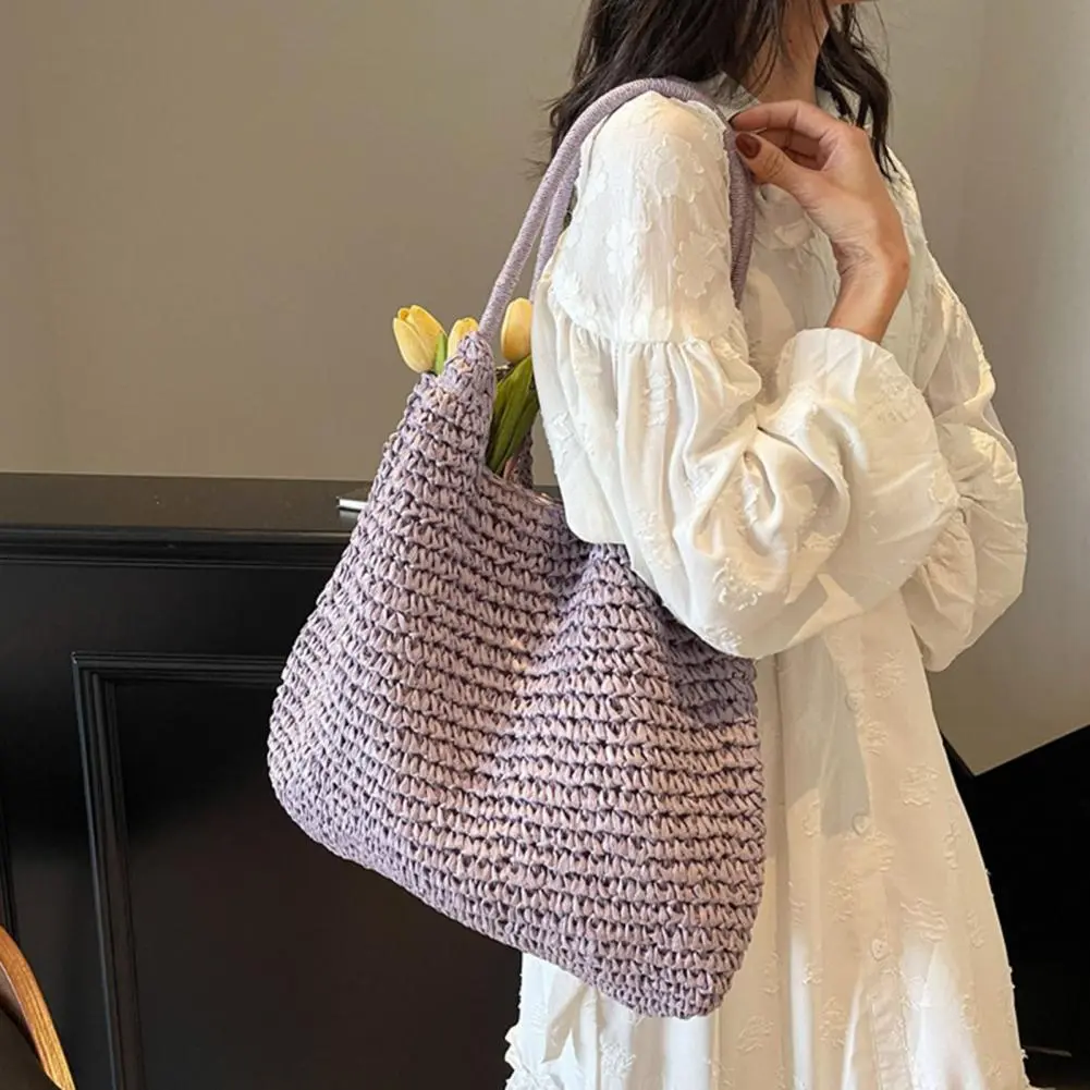 Women Straw Crochet Bag with Colored Beads Aesthetic Straw Bag Large Capacity Knitted Tote Handbag Ladies Daily Handbag