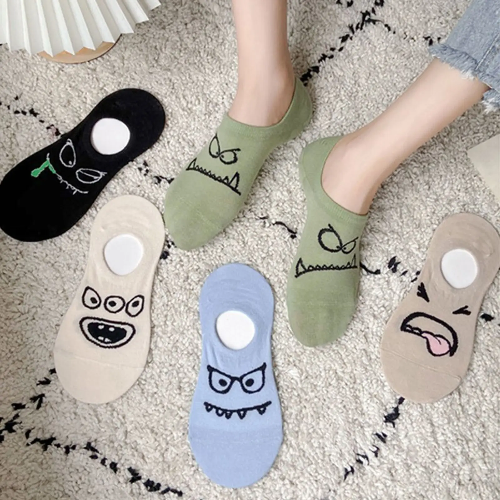 15 pairs 5 pairs of socks cartoon funny expressions boat socks Men women's spring and summer thin invisible cute socks ﻿