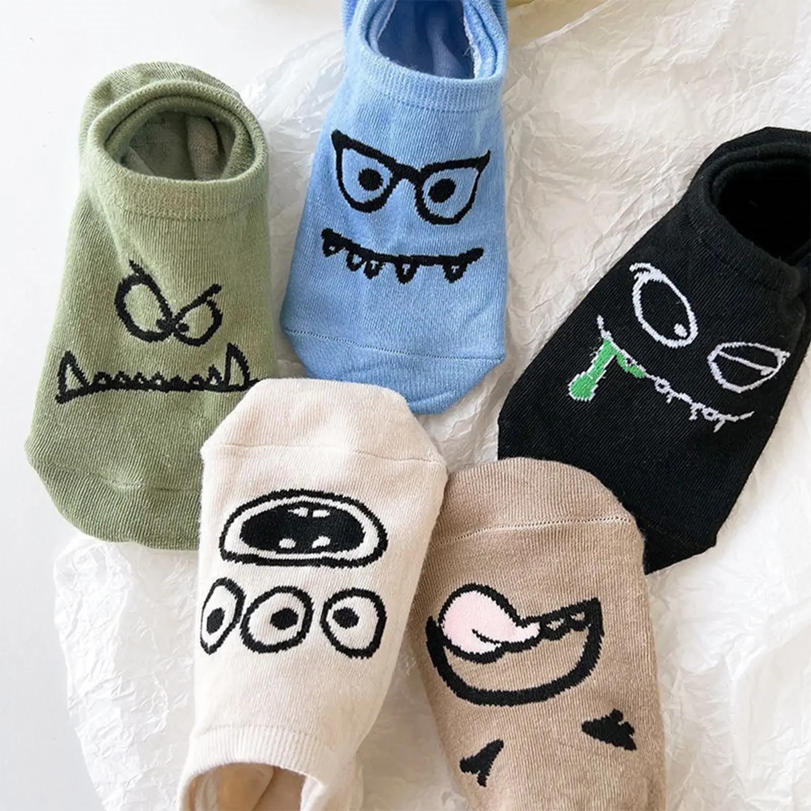 15 pairs 5 pairs of socks cartoon funny expressions boat socks Men women's spring and summer thin invisible cute socks ﻿