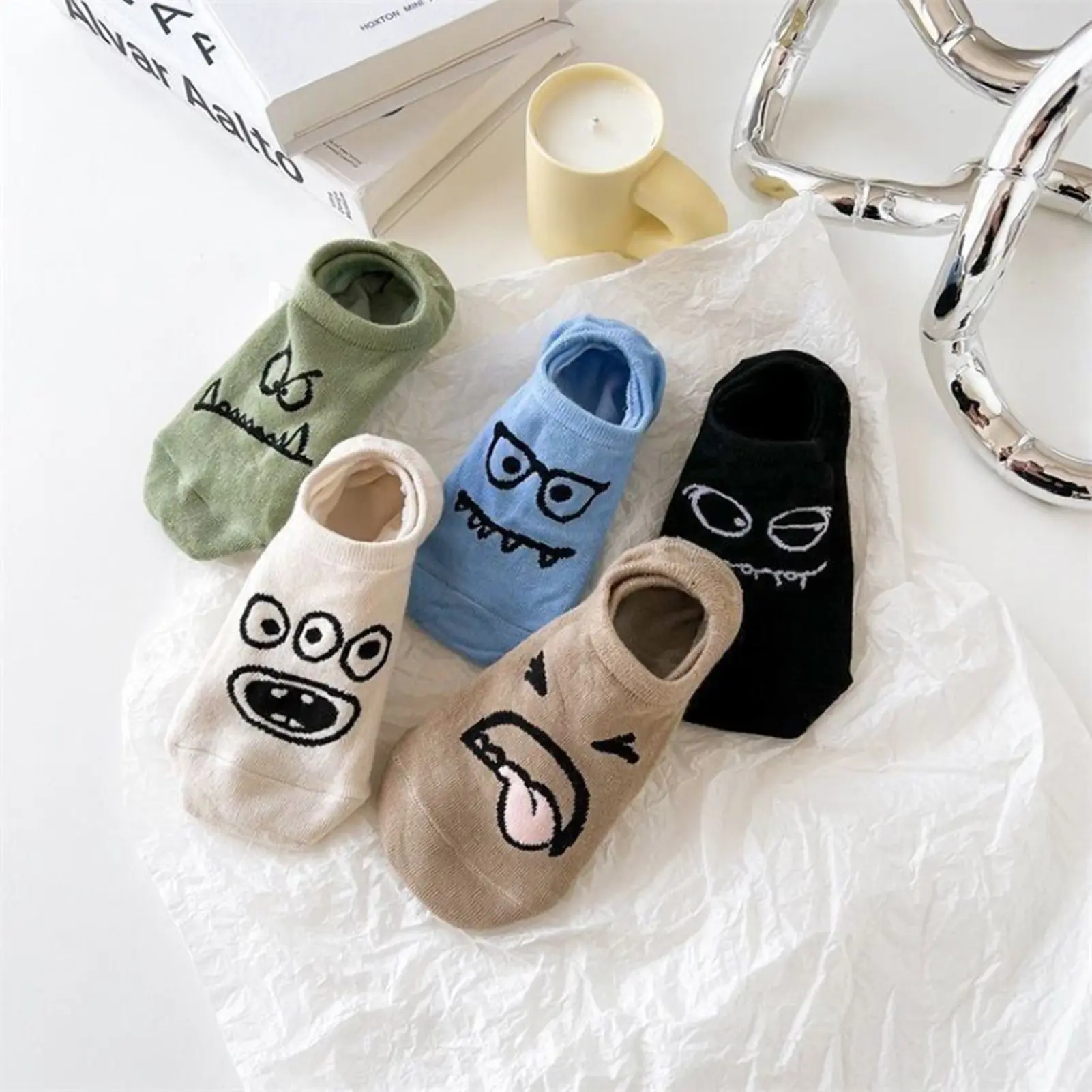 15 pairs 5 pairs of socks cartoon funny expressions boat socks Men women's spring and summer thin invisible cute socks ﻿