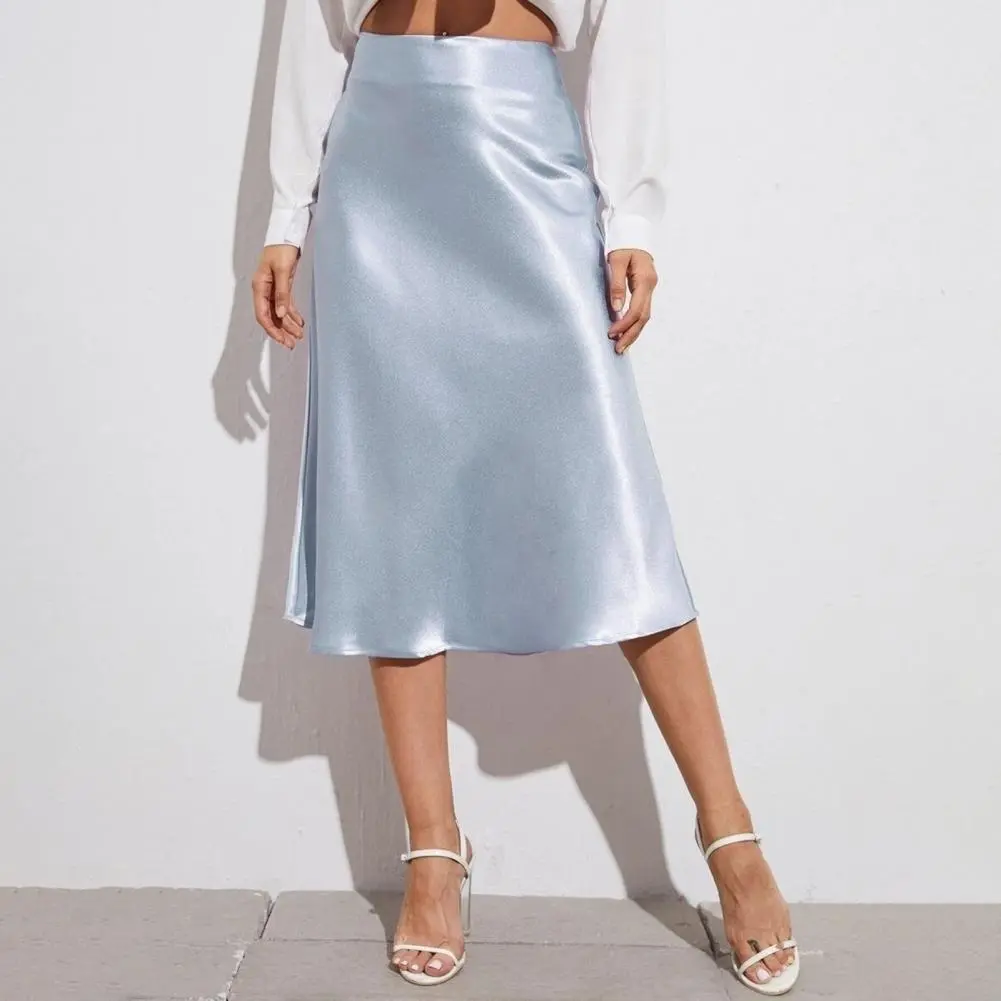 Women Satin Skirts Korean Style Champagne Office High Waist A-line Skort Fashion Elegant Pencil Skirt Silk Like