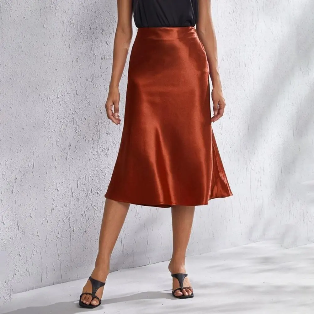 Women Satin Skirts Korean Style Champagne Office High Waist A-line Skort Fashion Elegant Pencil Skirt Silk Like