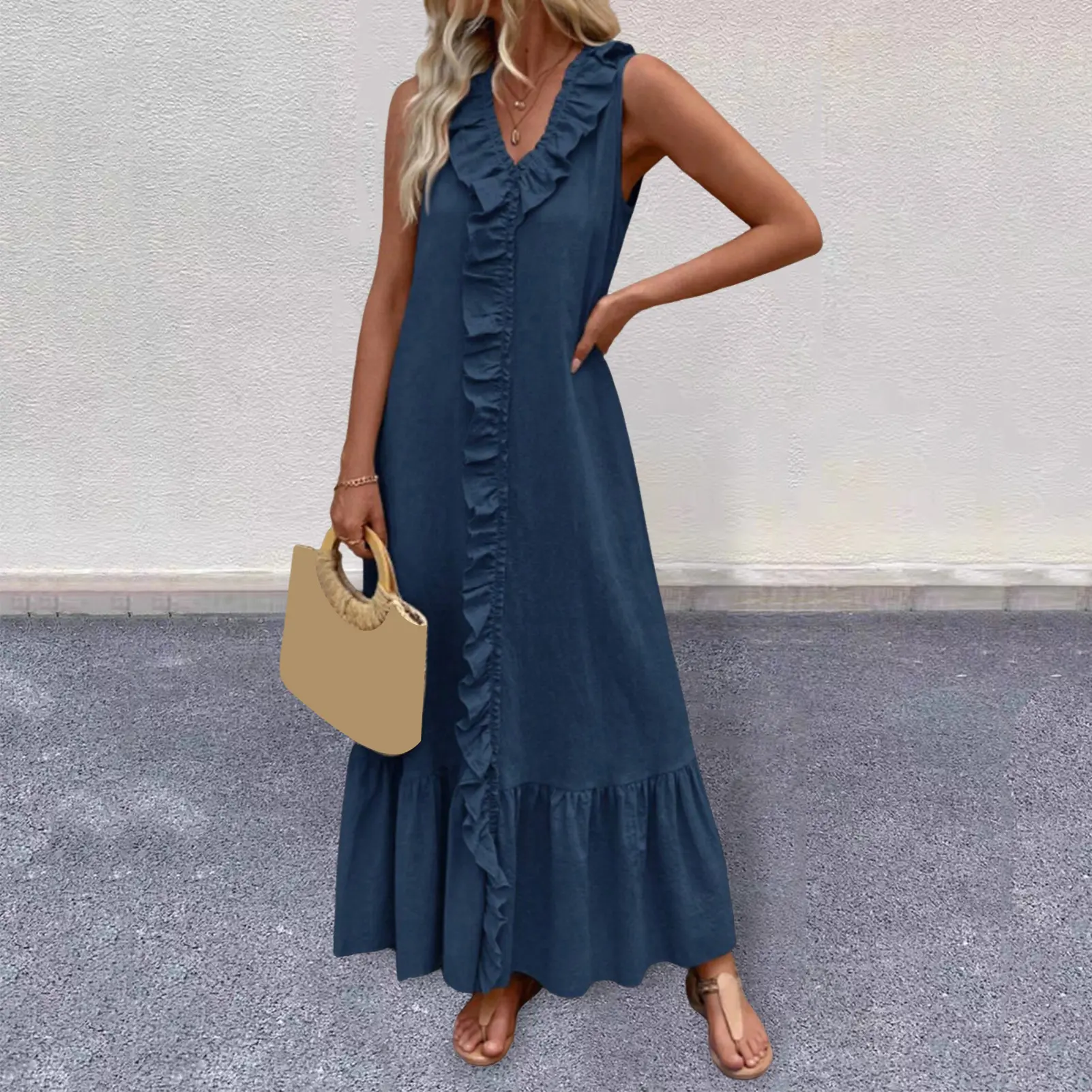 Plus size European Beach Dress Casual Tank Top Soft Material V-Neck Loose Style Medium Length Dress