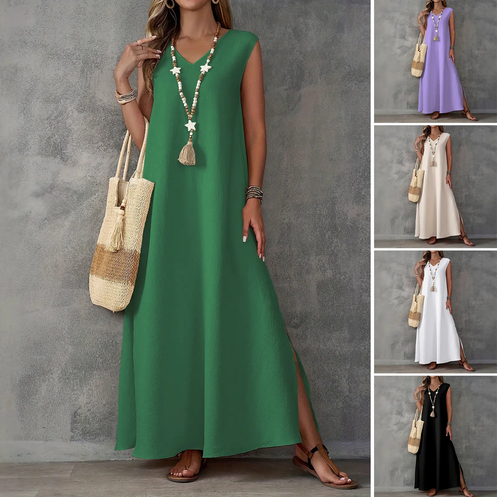 Plus size European Beach Dress Casual Tank Top Soft Material V-Neck Loose Style Medium Length Dress