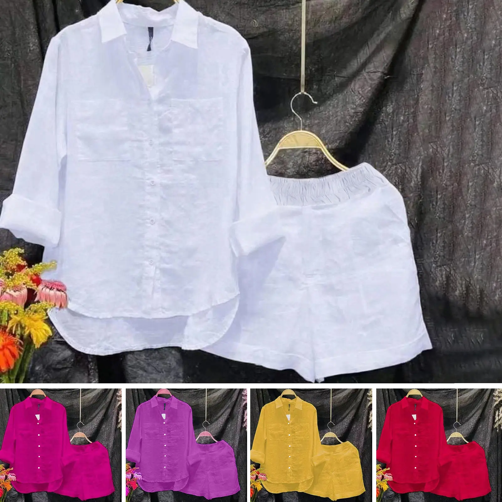 Women Spring Shorts Suits Holiday Long Sleeve Lapel Shirts And High Waist Pants 2 Pieces Jogger Sets Ladies Casual Outfits