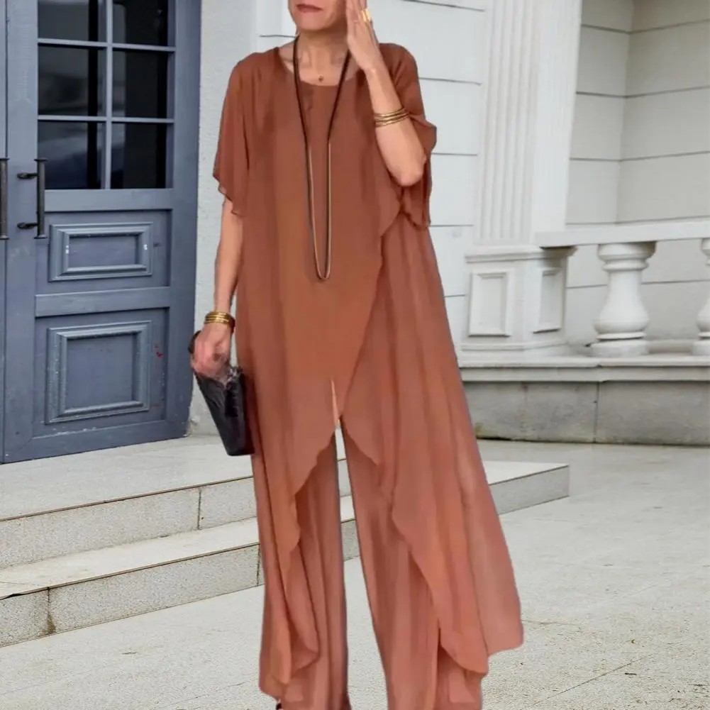 Women Cotton Linen Pant Sets 2 Pieces Casual Short Sleeve Solid Loose Blouse&High Elastic Waist Wide Leg Full Trousers Suits