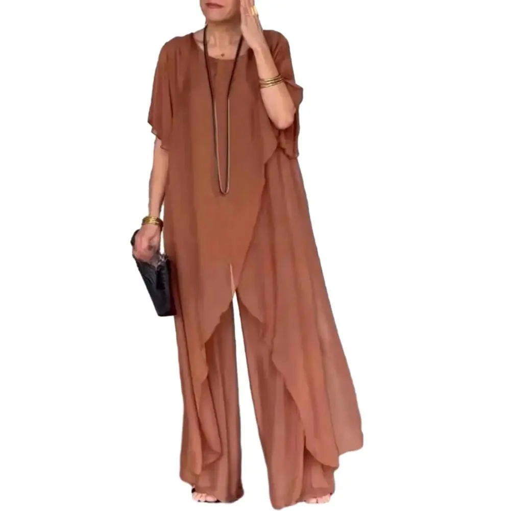 Women Cotton Linen Pant Sets 2 Pieces Casual Short Sleeve Solid Loose Blouse&High Elastic Waist Wide Leg Full Trousers Suits