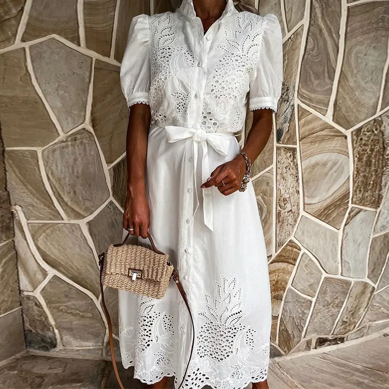 2025 Elegant Embroidered Women Maxi Dress Chic Lapel Long Sleeve High Waist Lace Up Dresses Fashion Female Solid Vestidos