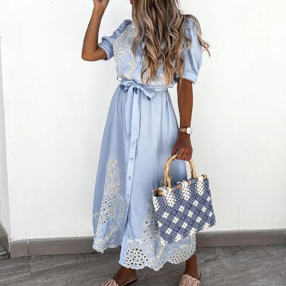 2025 Elegant Embroidered Women Maxi Dress Chic Lapel Long Sleeve High Waist Lace Up Dresses Fashion Female Solid Vestidos