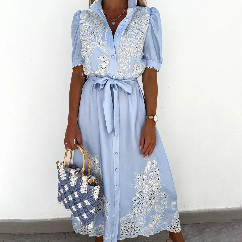 2025 Elegant Embroidered Women Maxi Dress Chic Lapel Long Sleeve High Waist Lace Up Dresses Fashion Female Solid Vestidos