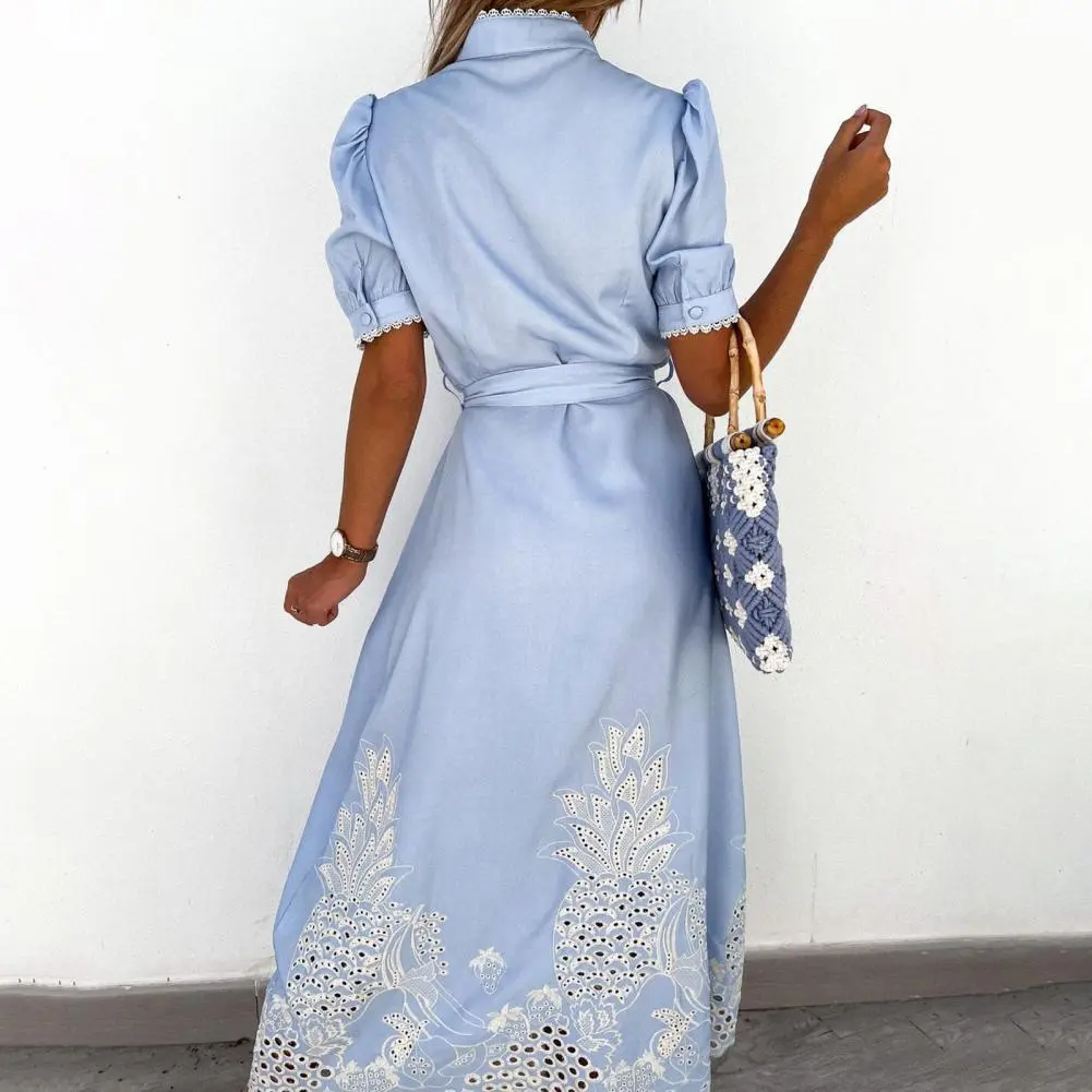 2025 Elegant Embroidered Women Maxi Dress Chic Lapel Long Sleeve High Waist Lace Up Dresses Fashion Female Solid Vestidos