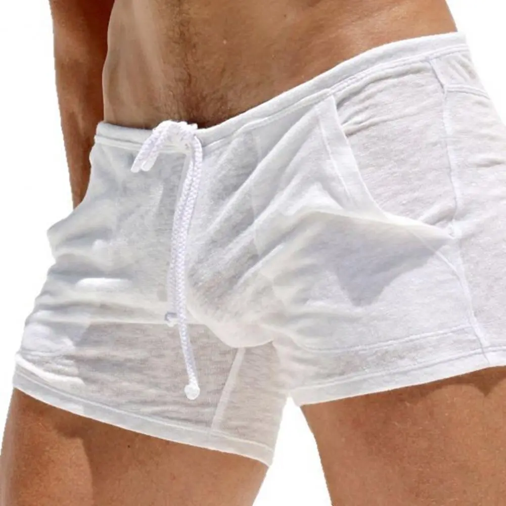Drawstring Sexy Mens Swimwear White Swim Boxer Briefs Bikini Brazilian Cut Surf Trunks Swimsuits Underwear Beach Sports Shorts