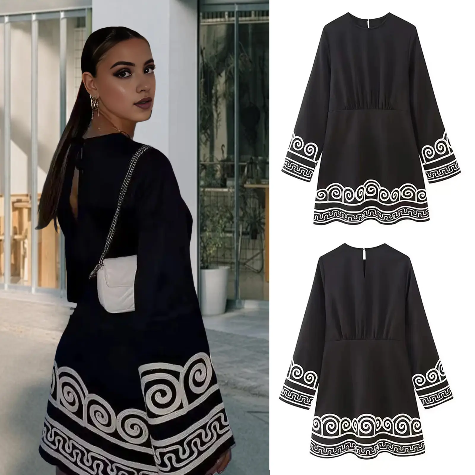 Autumn And Winter New Women's Fashion Splice Round Neck Slim Fit Long Sleeve Printed A-Line Dress Plus Size Elegant Dress 2024