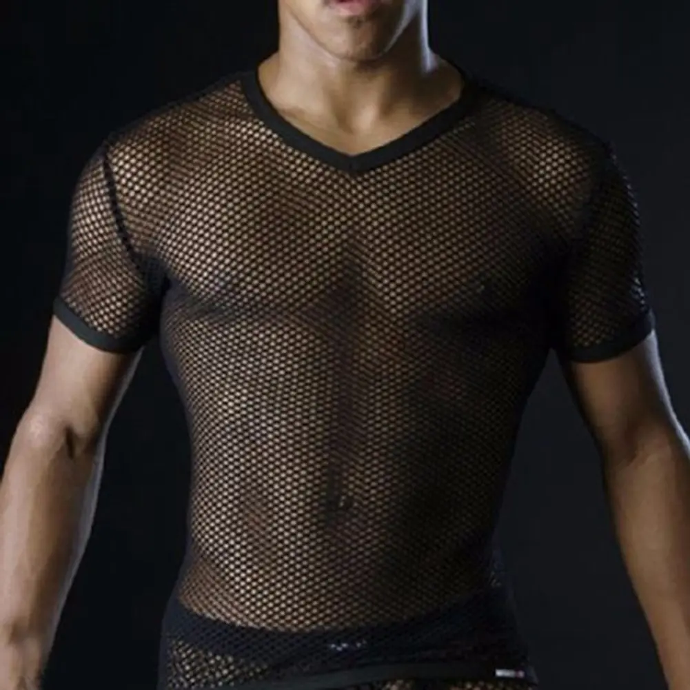 Mens T-shirt Undershirt Breathable Slim Mesh Tees Shirt See Through Sheer Short Sleeves T Shirts Sexy Transparent Shirt