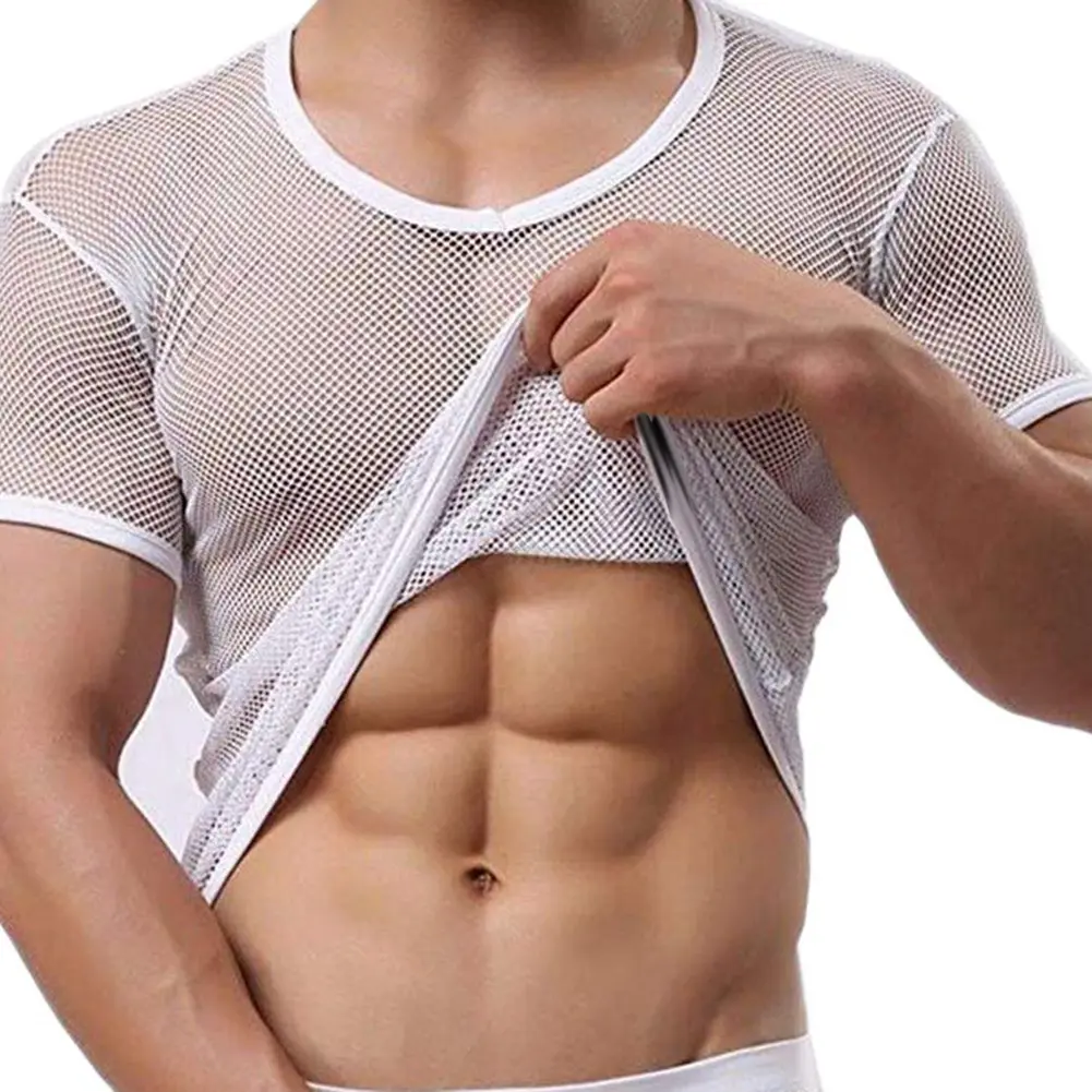 Mens T-shirt Undershirt Breathable Slim Mesh Tees Shirt See Through Sheer Short Sleeves T Shirts Sexy Transparent Shirt