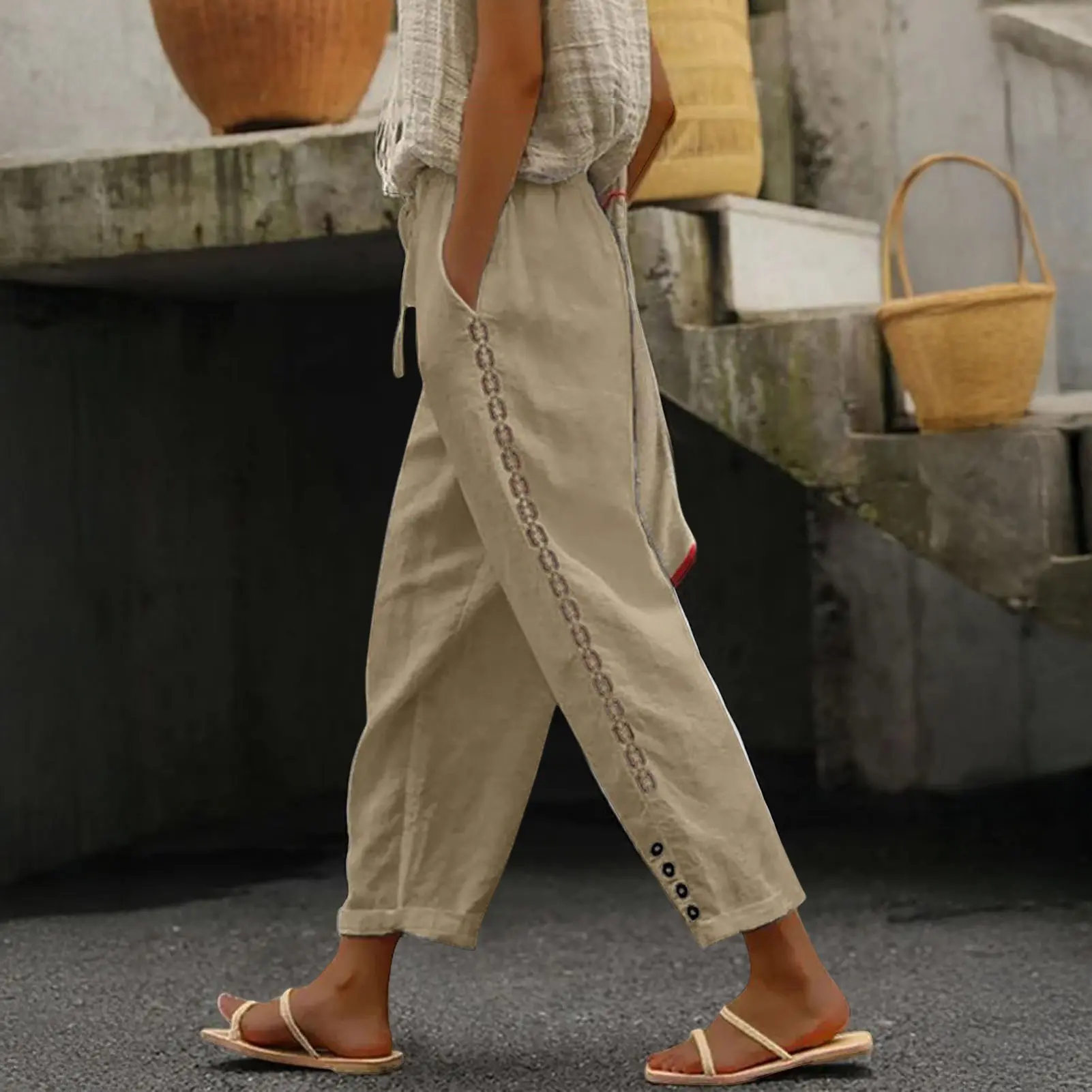 Casual Baggy Wide Leg Pants White Loose Drawstring High Waist Streetwear Cotton Linen Pants Womens Straight Leg Trousers