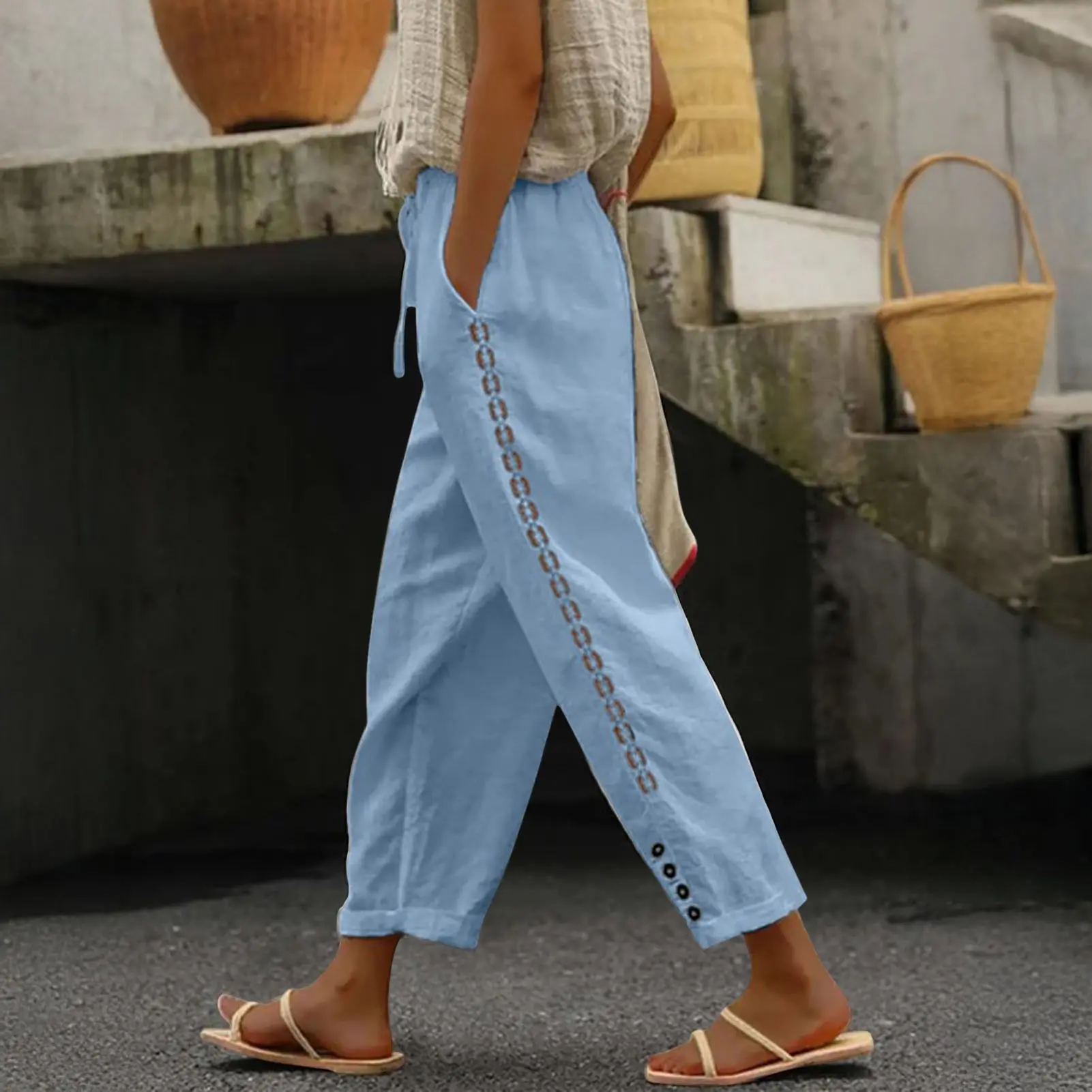 Casual Baggy Wide Leg Pants White Loose Drawstring High Waist Streetwear Cotton Linen Pants Womens Straight Leg Trousers