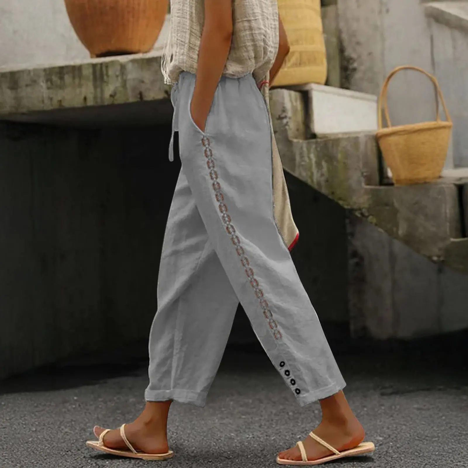 Casual Baggy Wide Leg Pants White Loose Drawstring High Waist Streetwear Cotton Linen Pants Womens Straight Leg Trousers