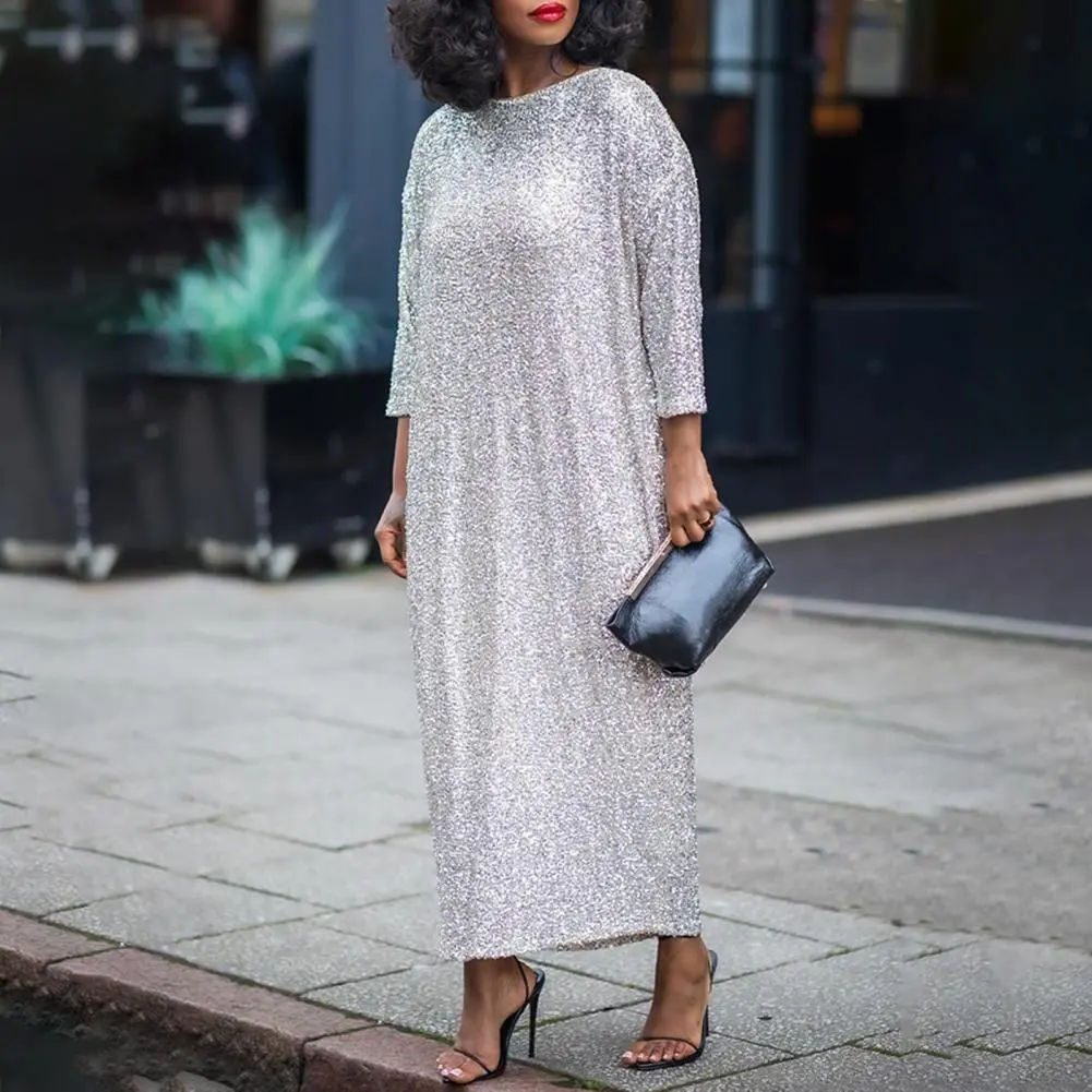 Women O-neck Three Quarter Sleeve Straight Loose Birthday Silver Maxi Dress 2024 Evening Sexy Party Dresses Vestidos