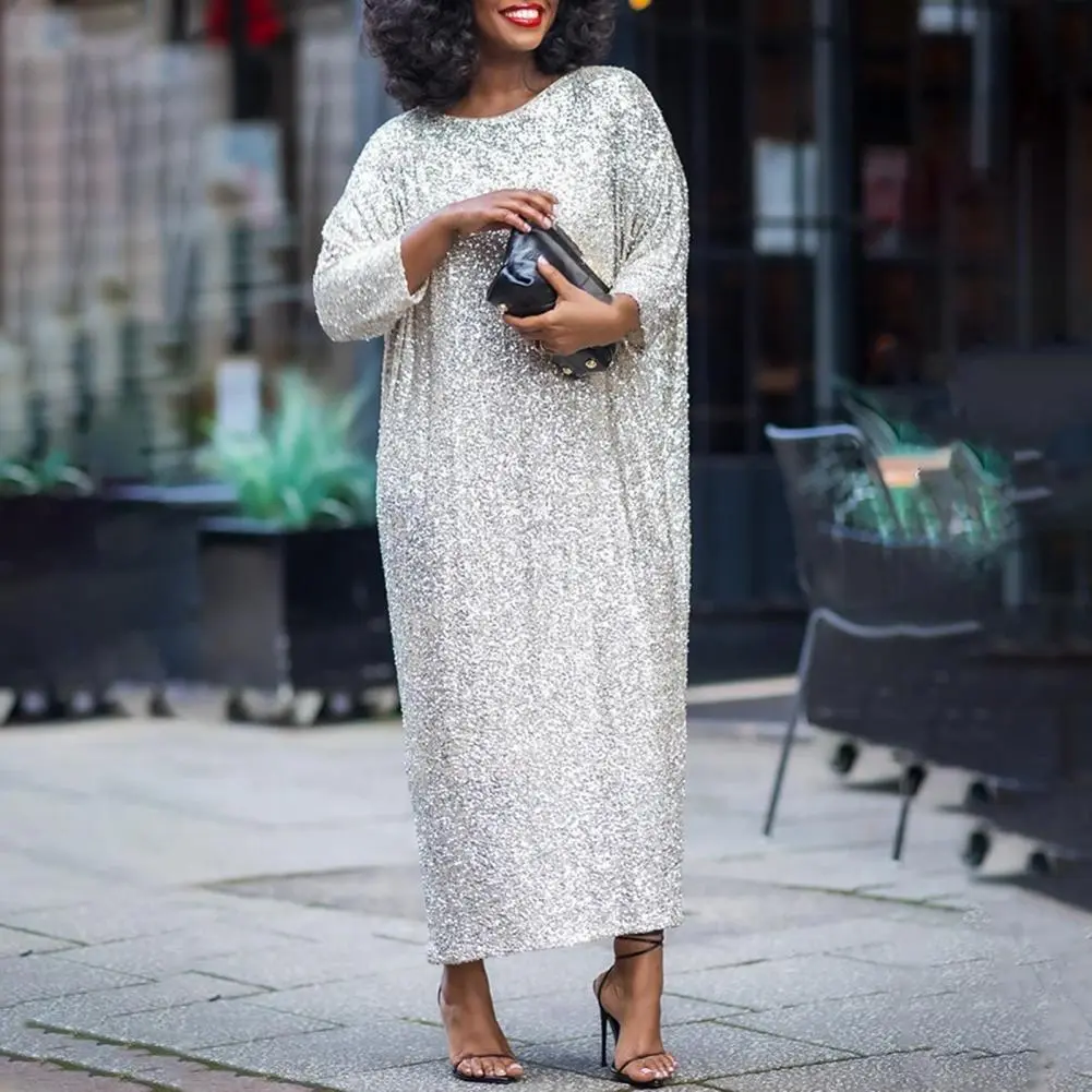 Women O-neck Three Quarter Sleeve Straight Loose Birthday Silver Maxi Dress 2024 Evening Sexy Party Dresses Vestidos