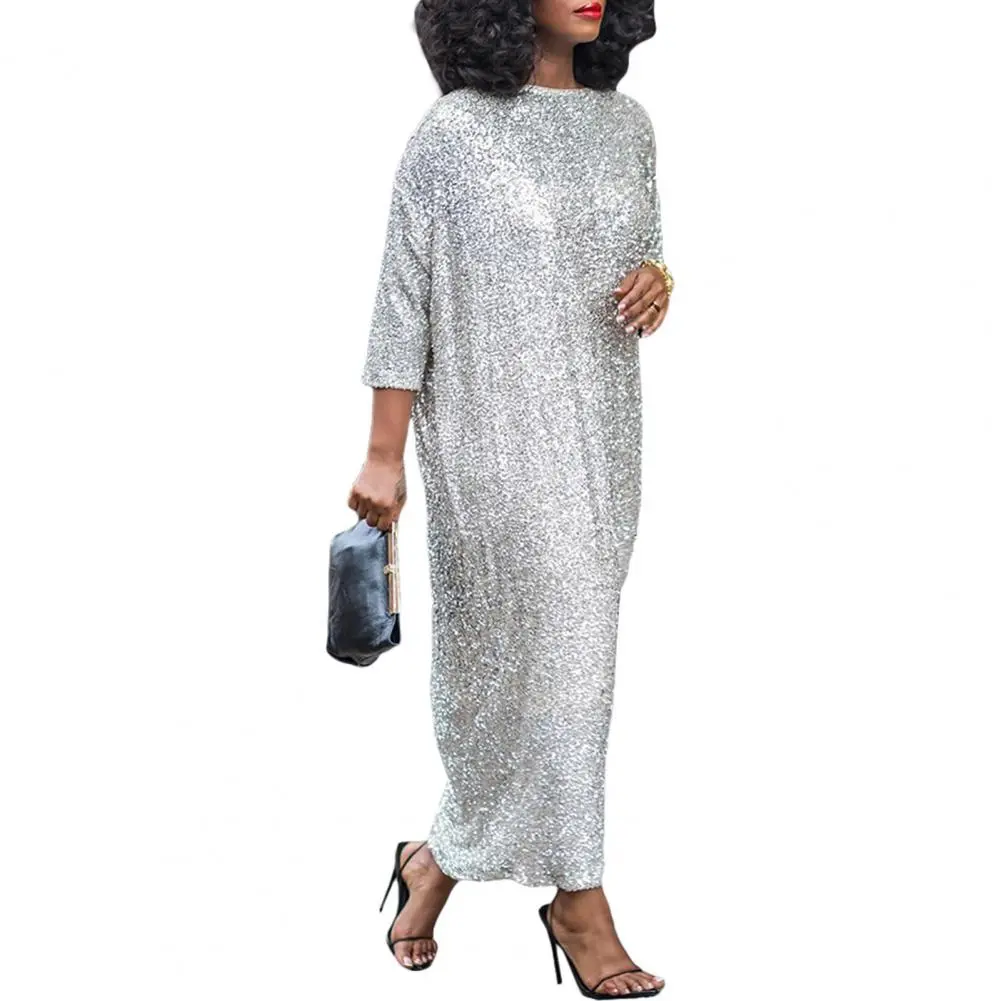 Women O-neck Three Quarter Sleeve Straight Loose Birthday Silver Maxi Dress 2024 Evening Sexy Party Dresses Vestidos