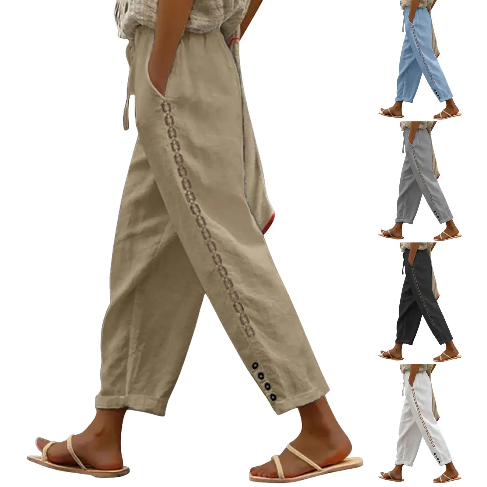 Casual Baggy Wide Leg Pants White Loose Drawstring High Waist Streetwear Cotton Linen Pants Womens Straight Leg Trousers