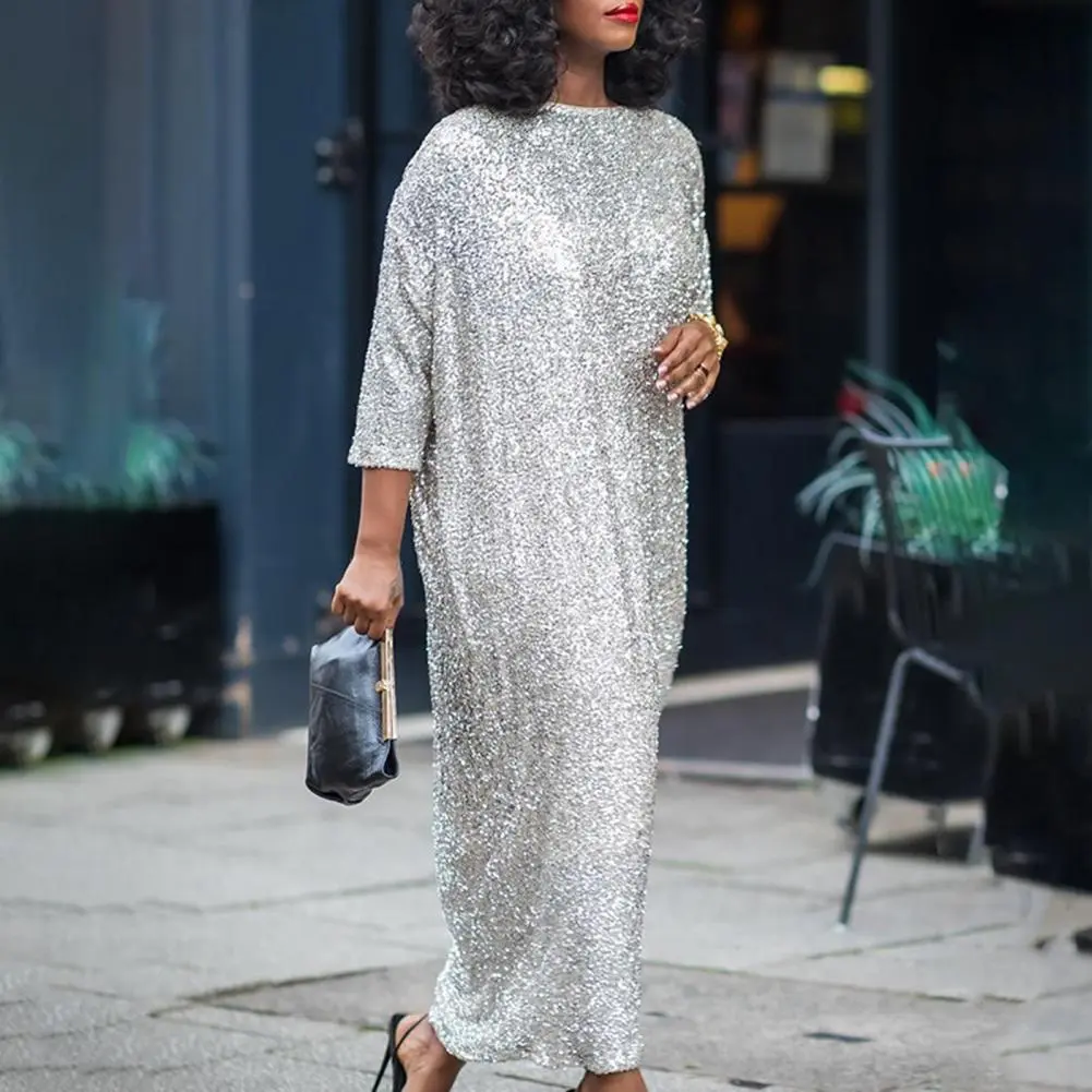 Women O-neck Three Quarter Sleeve Straight Loose Birthday Silver Maxi Dress 2024 Evening Sexy Party Dresses Vestidos
