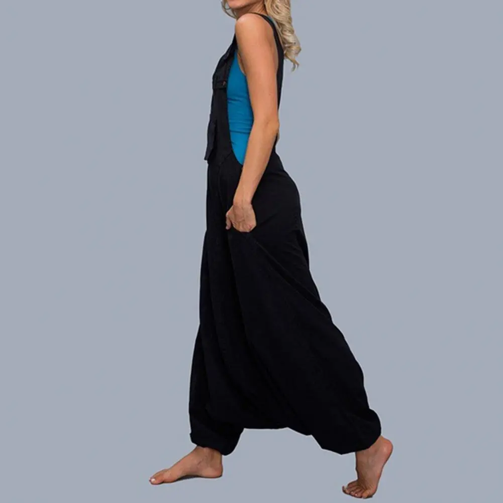Women Summer Loose Thin Jumpsuits Harem Pants Wide Leg Pants Sleeveless Pockets Bib Jumpsuit Siamese Trousers Large Size S-5XL