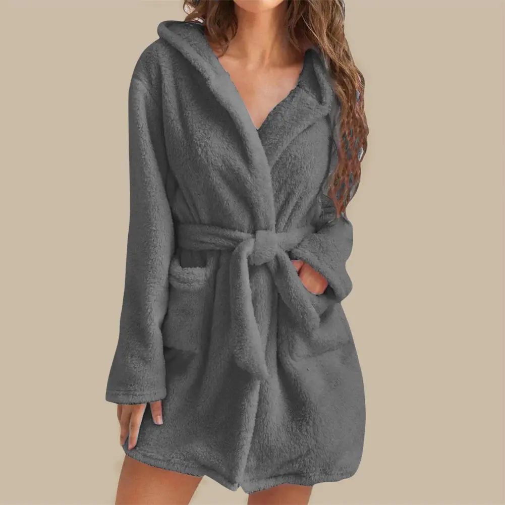 Women Bath Robe Winter Fluffy Plush Pyjamas Ladies Sexy Hooded Dressing Solid Color Gown Warm Bathrobe Female Home Clothing