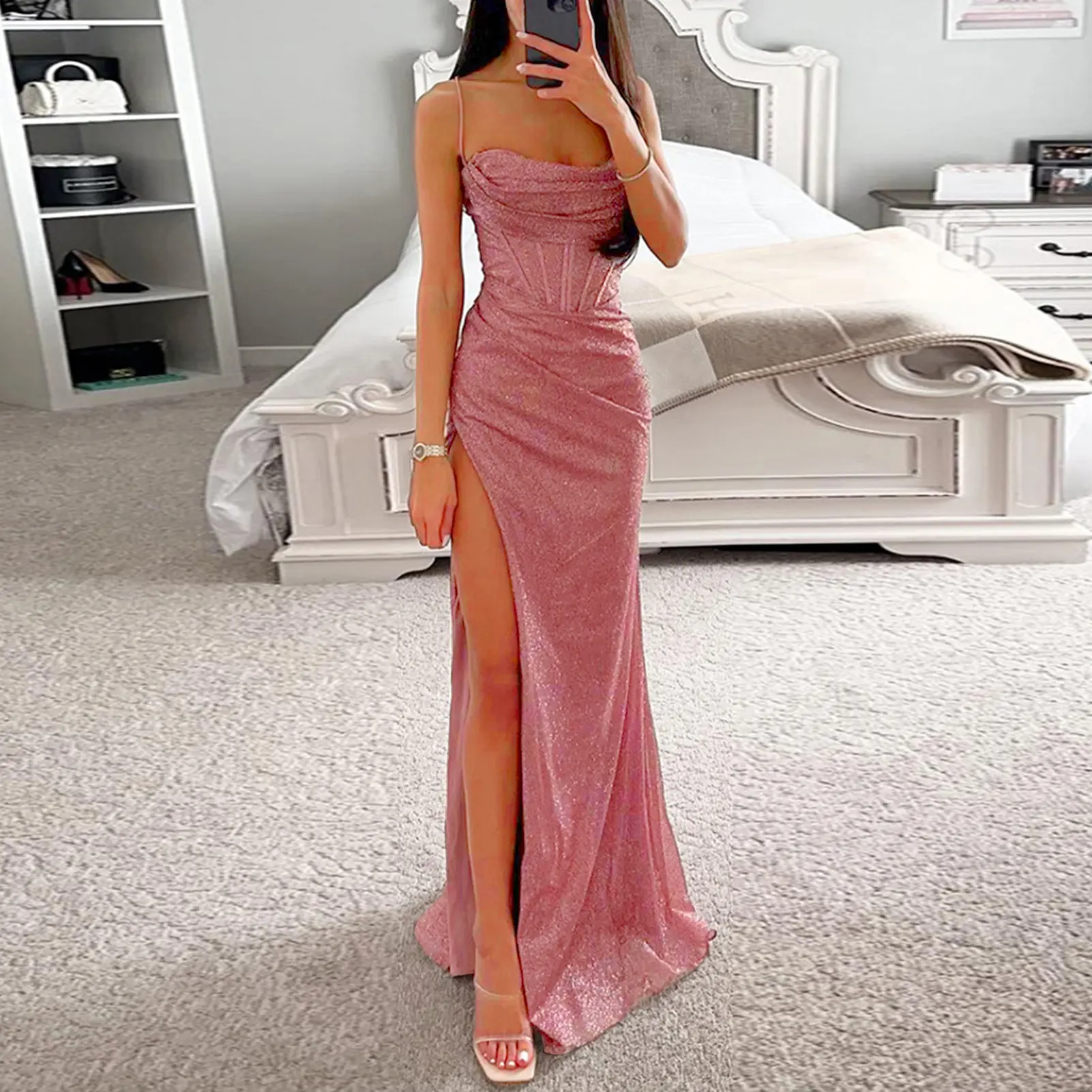 Off-shoulder Gown Dress Elegant Sequin V-neck Maxi Dress for Evening Party Prom Off Shoulder Slim Sexy Split Long Dress