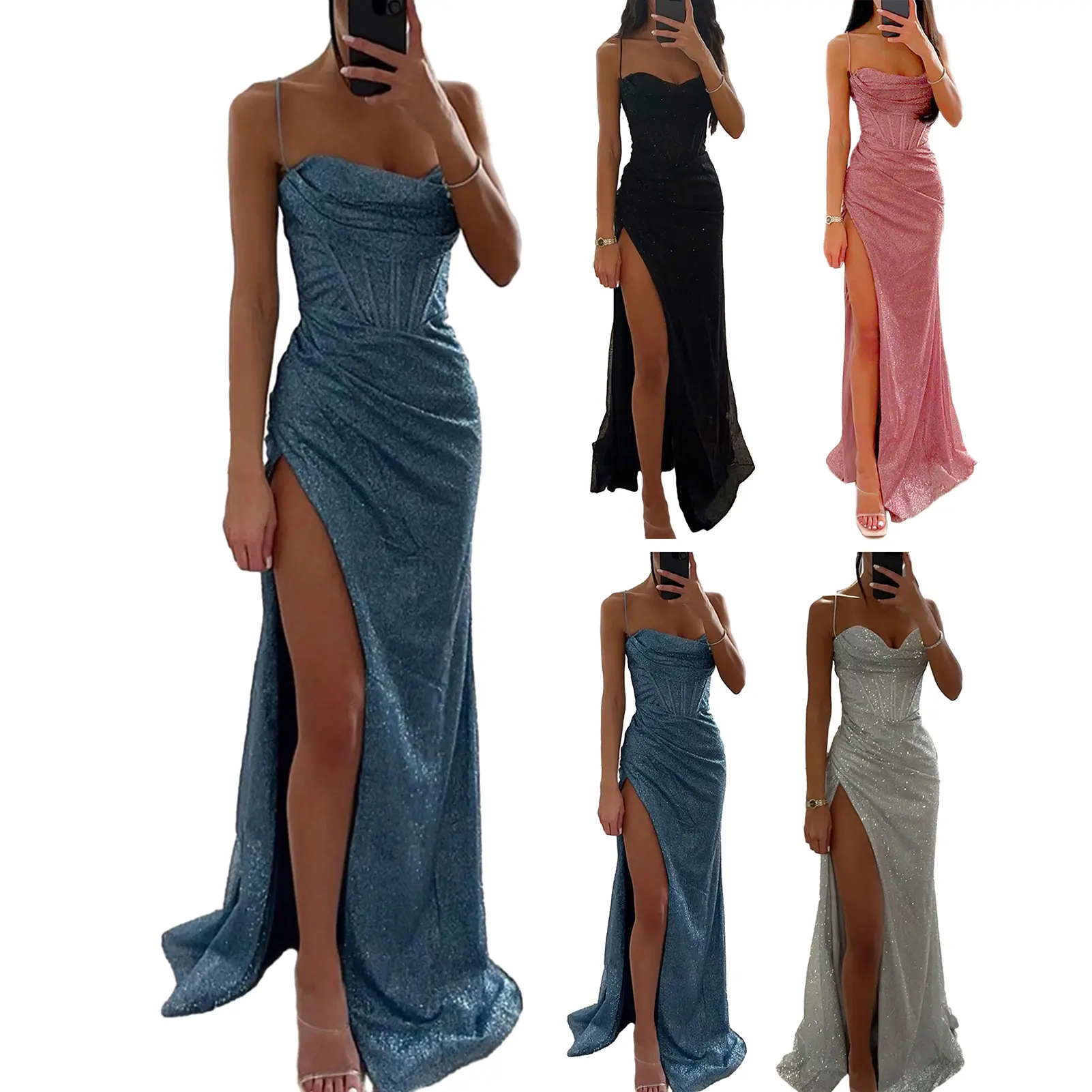 Off-shoulder Gown Dress Elegant Sequin V-neck Maxi Dress for Evening Party Prom Off Shoulder Slim Sexy Split Long Dress