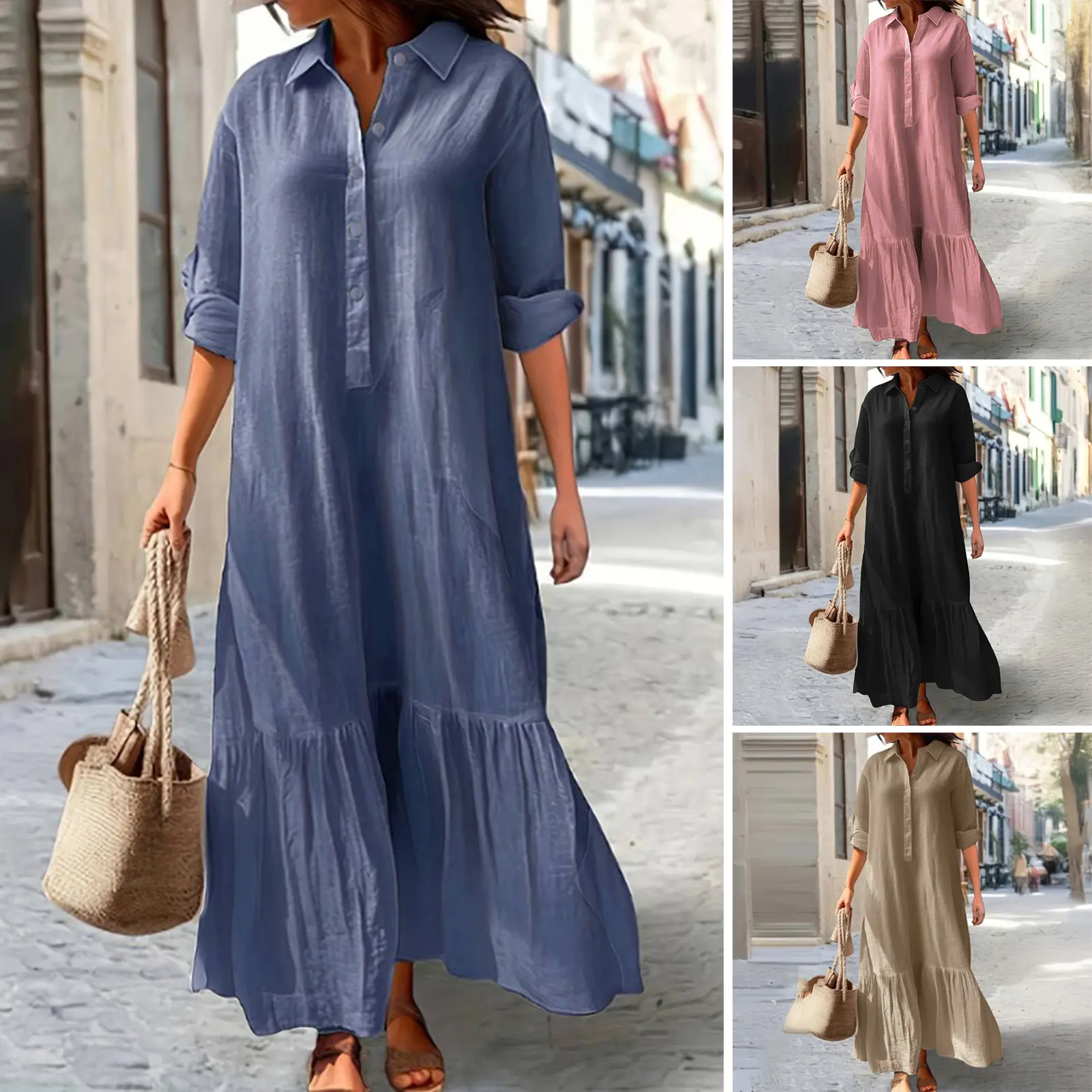 Women Long Shirt Dress Summer Sundress Vintage Short Sleeve Solid Cotton Vestidos Robe Femme Dresses Kaftan