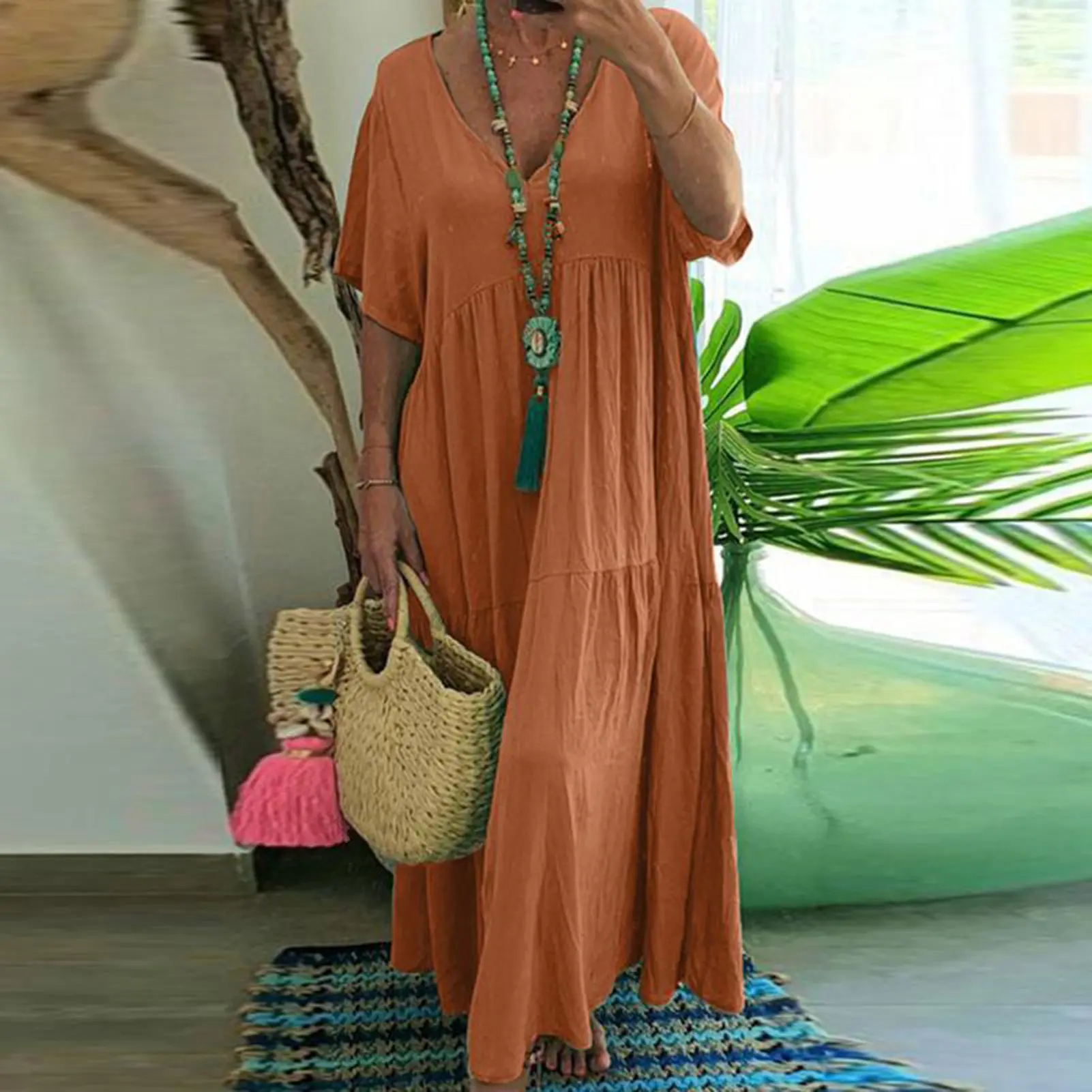 Women Long Shirt Dress Summer Sundress Vintage Short Sleeve Solid Cotton Vestidos Robe Femme Dresses Kaftan