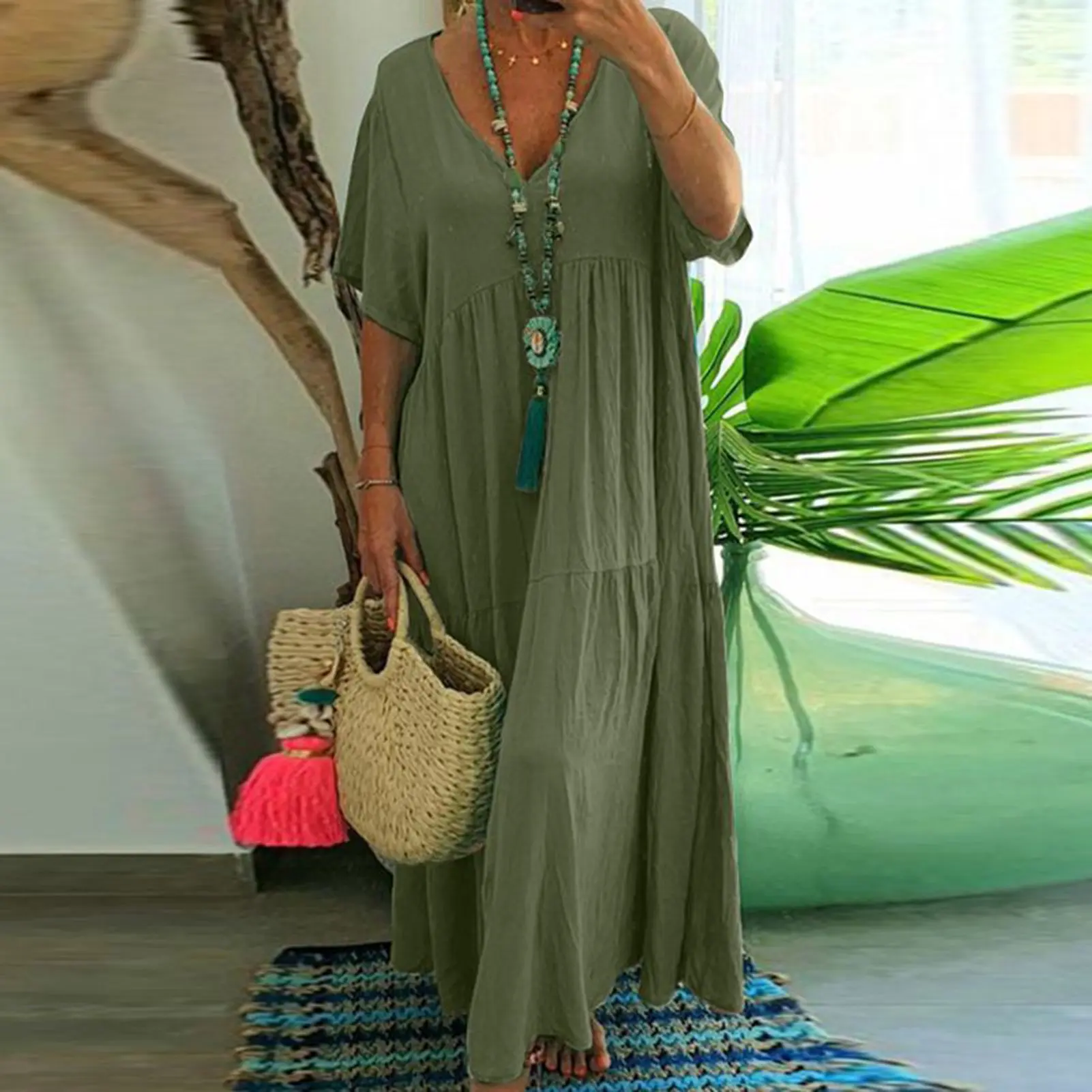 Women Long Shirt Dress Summer Sundress Vintage Short Sleeve Solid Cotton Vestidos Robe Femme Dresses Kaftan