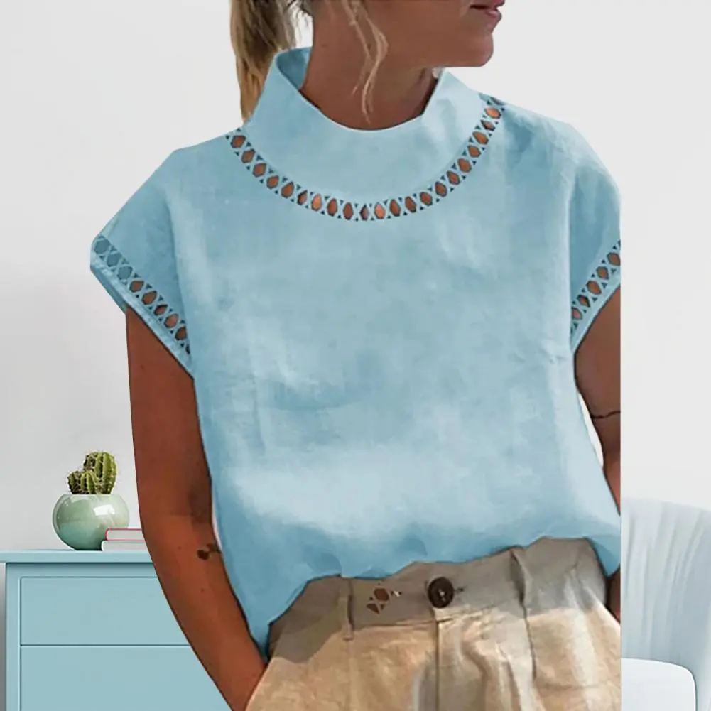 Women Casual O Neck Cotton Linen Blouses Spring Hollow Out Splicing Office Top Summer Short Sleeve Loose Vintage Clothing Shirts