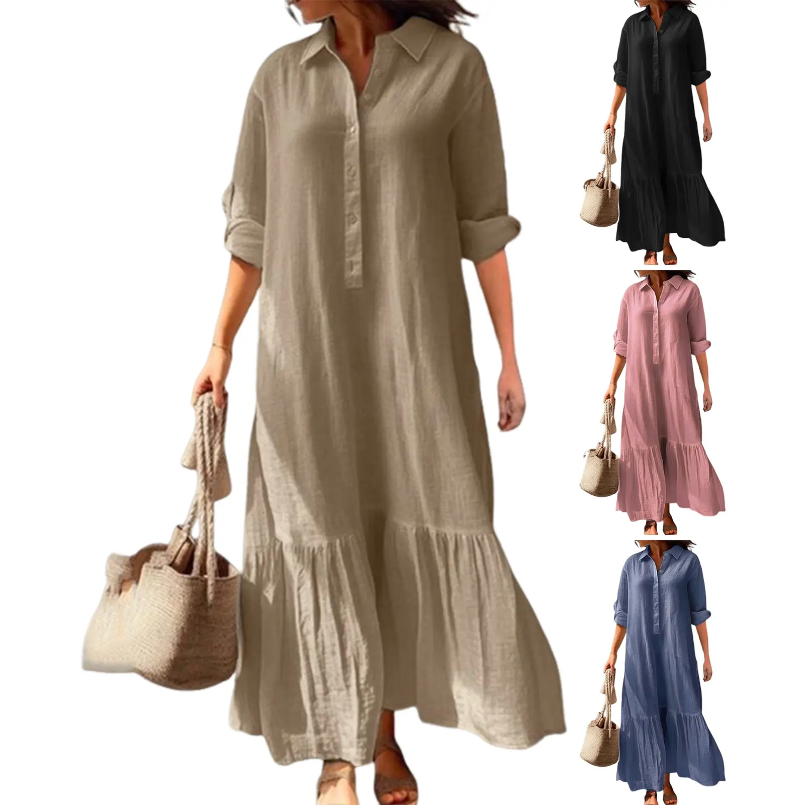 Women Long Shirt Dress Summer Sundress Vintage Short Sleeve Solid Cotton Vestidos Robe Femme Dresses Kaftan
