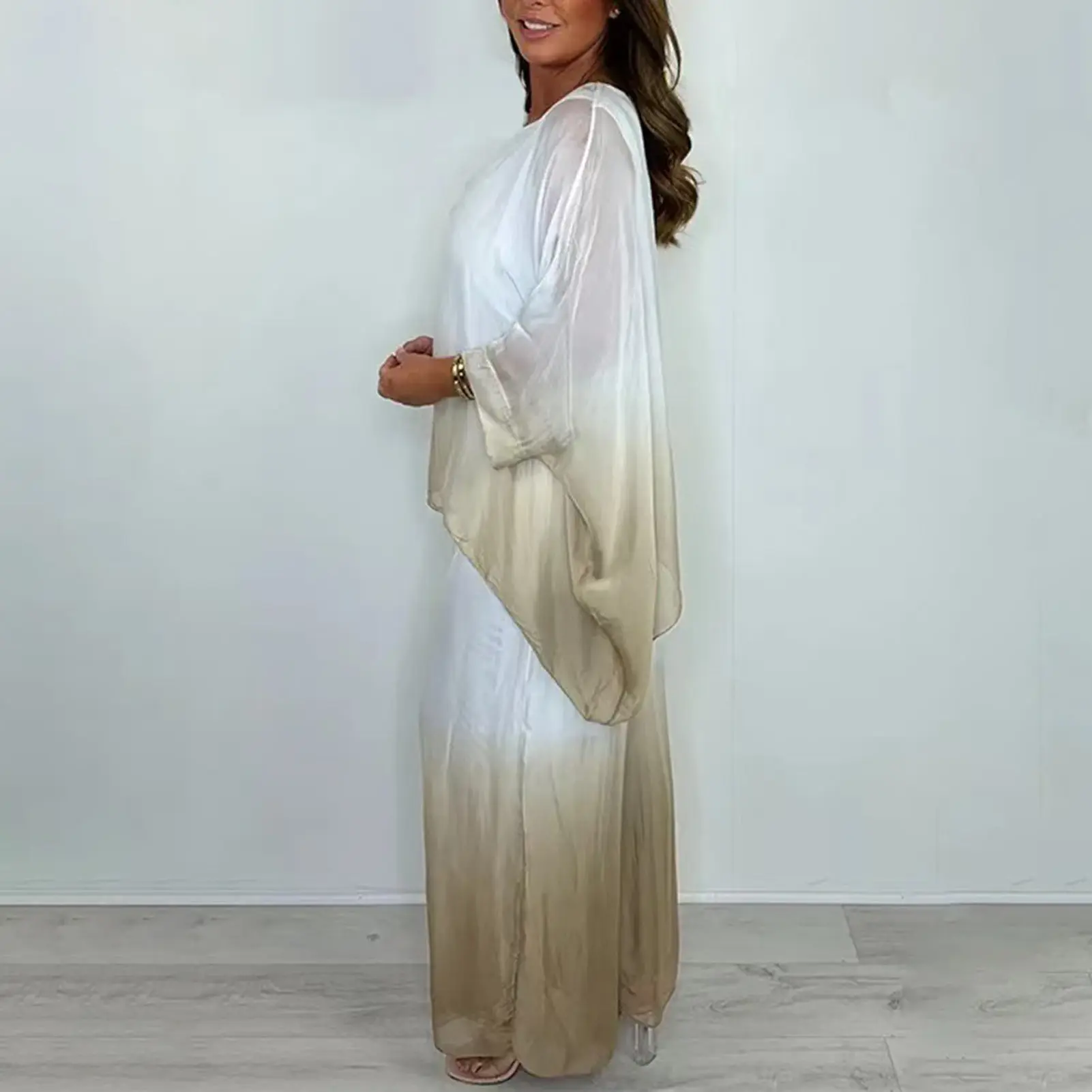 Casual 2 piece Sets Womens Outfits Womens O Neck Gradient Print Loose Half Sleeve Shirt High Waist Pants Suit 2025 Summer