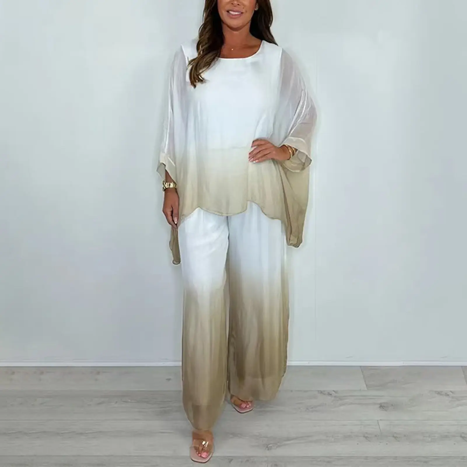 Casual 2 piece Sets Womens Outfits Womens O Neck Gradient Print Loose Half Sleeve Shirt High Waist Pants Suit 2025 Summer