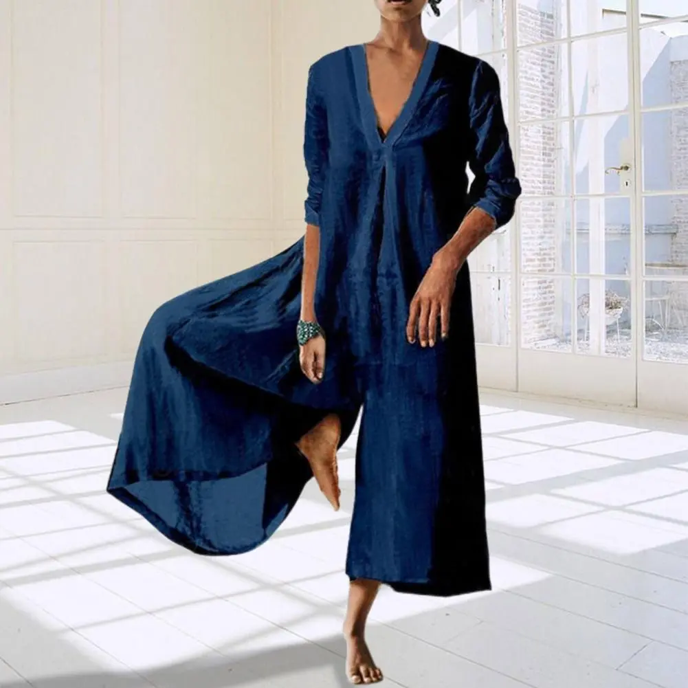 Vintage Ruched Solid Cotton Linen Jumpsuit Women 2023 Spring Elegant Wide Leg Overalls Pants Summer Long Sleeve Loose Rompers