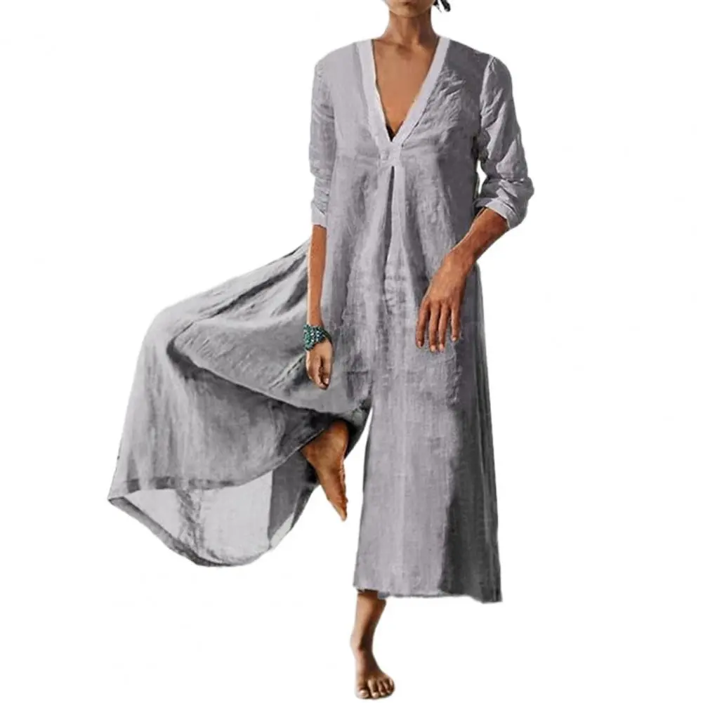 Vintage Ruched Solid Cotton Linen Jumpsuit Women 2023 Spring Elegant Wide Leg Overalls Pants Summer Long Sleeve Loose Rompers