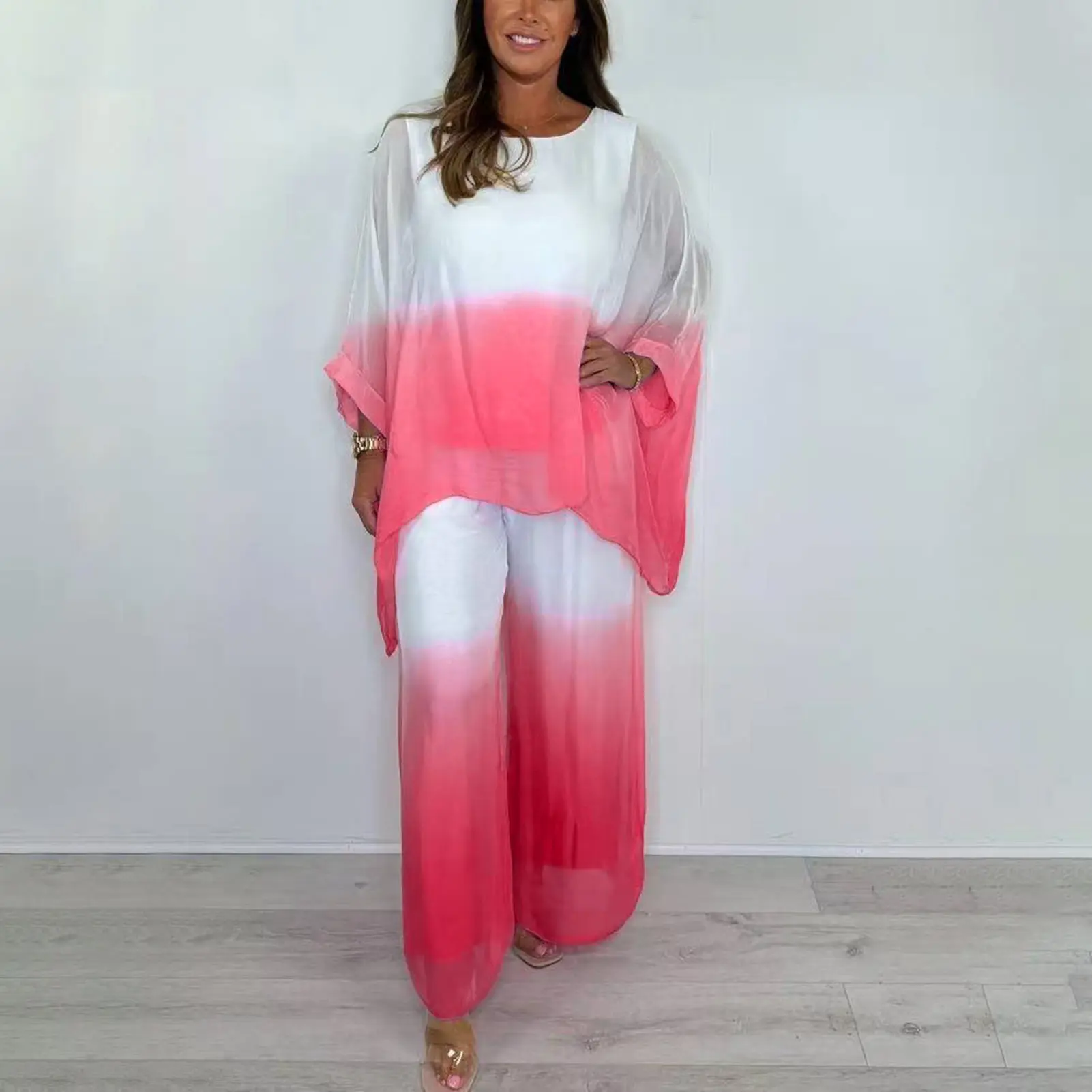 Casual 2 piece Sets Womens Outfits Womens O Neck Gradient Print Loose Half Sleeve Shirt High Waist Pants Suit 2025 Summer